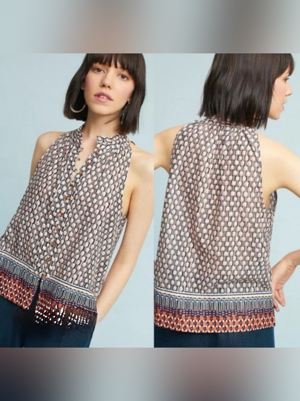 Maeve Sleeveless Printed Fringe-Hem Blouse - Pink & Black L